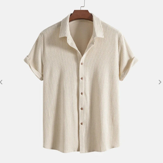 Lightweight Summer Men’s Casual Short Sleeve Solid Color Single-Breasted Loose Beach Shirt