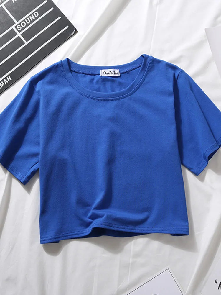 Women’s Summer Casual Cotton Short Sleeve Crop Top – Solid Color O-Neck Loose Fit T-ShirtT