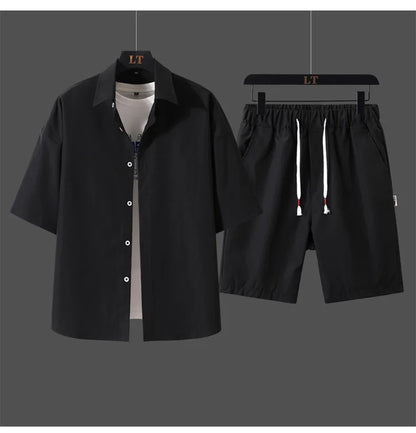 2025 Trendy Korean-Style Men's Summer Outfit – Casual Two-Piece Set Featuring Short Sleeve Shirt &amp; Matching Shorts, Stylish High Street Look for Daily &amp; Streetwear Fashion
