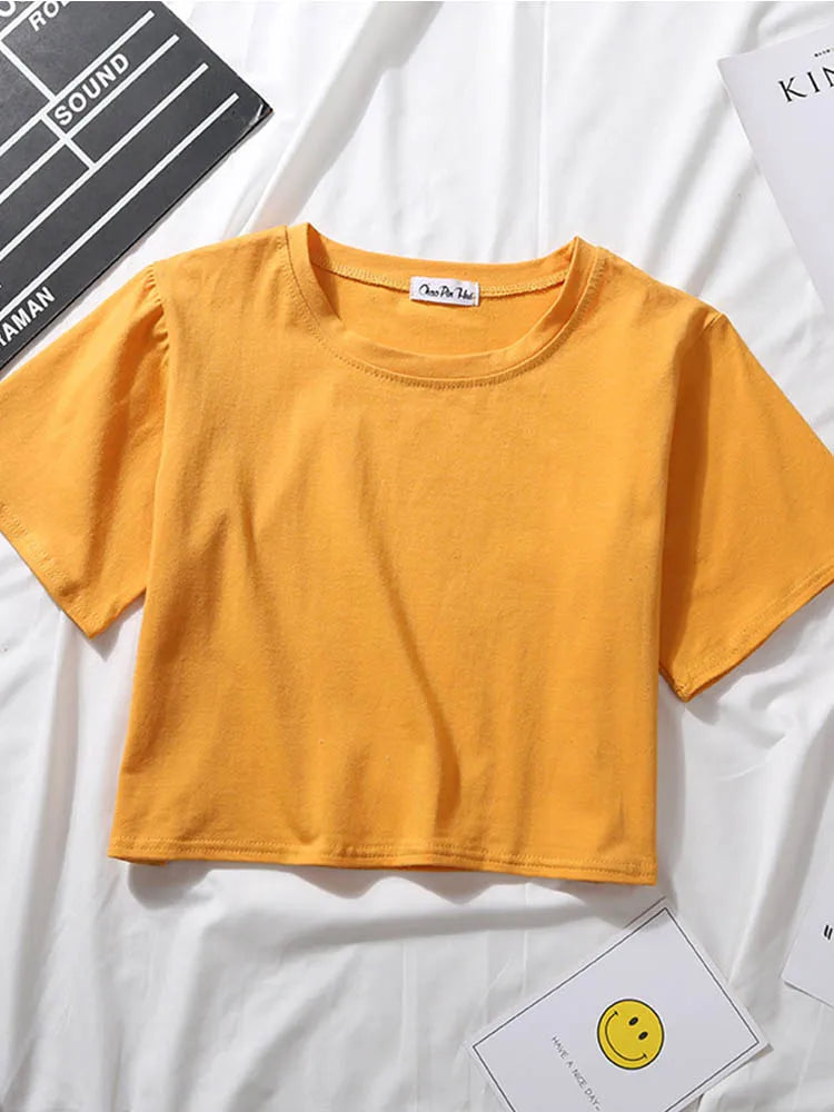 Women’s Summer Casual Cotton Short Sleeve Crop Top – Solid Color O-Neck Loose Fit T-ShirtT