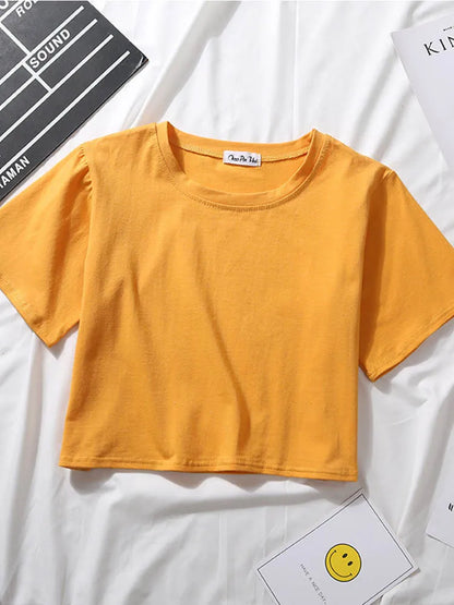 Women’s Summer Casual Cotton Short Sleeve Crop Top – Solid Color O-Neck Loose Fit T-ShirtT