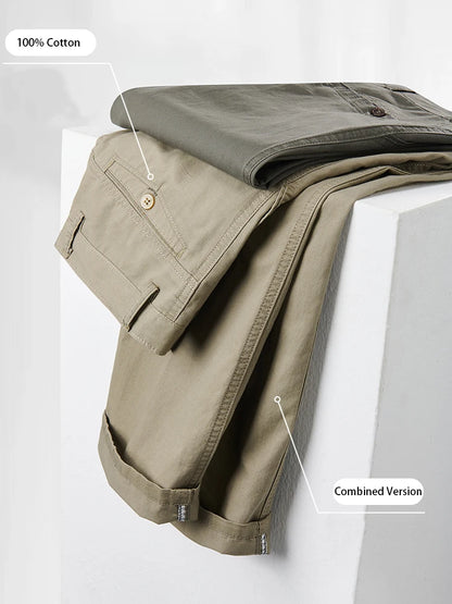 Men's Solid Cotton Straight-Leg Chino Pants – Business Casual Trousers with Belt, Ideal for Autumn &amp; Winter – Classic Formal Style for Adults &amp; Seniors