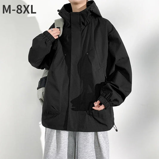 Men’s Waterproof Windbreaker Camping Jacket – Plus Size Up to 8XL, Casual Solid Color Outerwear