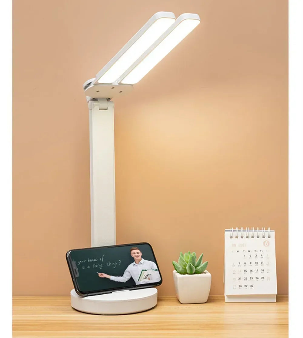 Foldable LED Table Lamp with Touch Dimming, USB Charging, Clock, Temperature Display &amp; Night Light – Ideal for Study &amp; Reading