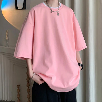 Men’s Summer Cotton T-Shirts – Solid Color, Loose Fit, Casual Short Sleeve Tops in White, Blue – Fashionable Plus Size Tees up to 5XL