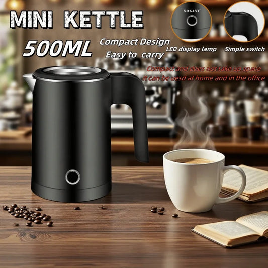 Portable 500ML Stainless Steel Electric Kettle – Travel Water Boiler Pot for Tea, Coffee, Hotel, Home &amp; Kitchen Use