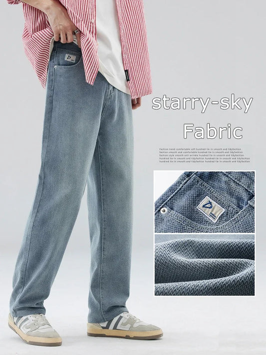 Vintage Men’s Baggy Jeans – Korean Style Starry Sky Fabric, Straight Fit Casual Denim Trousers, High Street Personalized Pants