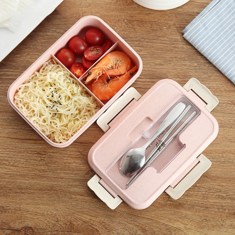 Microwaveable Bento Lunch Box with Spoon & Chopsticks – Wheat Straw Food Container for Kids, School & Office