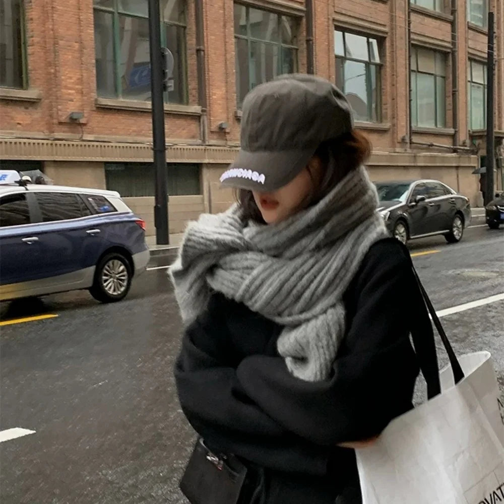 High-End Korean Style Thick Knit Scarf for Women – Warm Woolen Solid Color Winter & Autumn Wrap