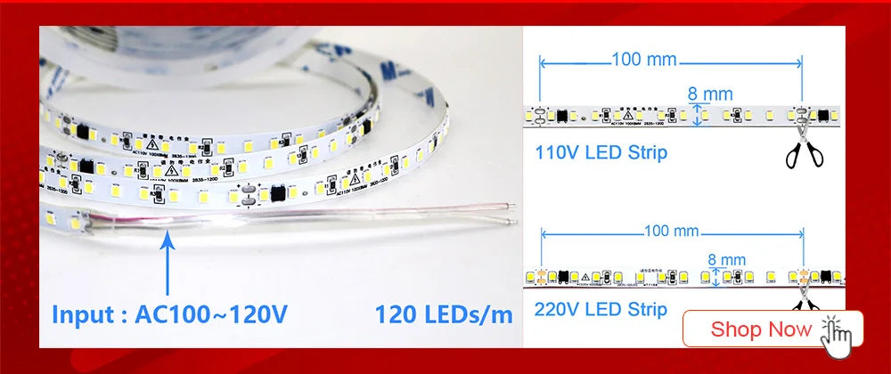 5M Flexible 2835 LED Strip Light, 240 LEDs/m, DC12V/24V – High Brightness, Cuttable Tape Light in Red, Green, Blue
