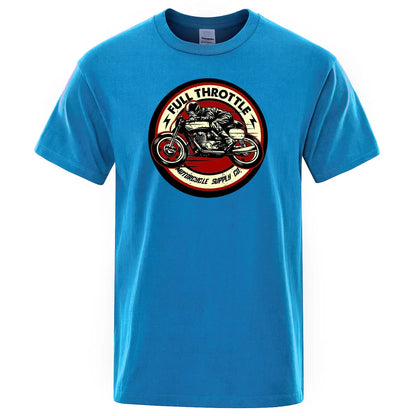 Full Throttle Motorcycle Graphic T-Shirt – Rockabilly Biker Style Cotton Tee for Men, Casual Loose Fit Summer Top