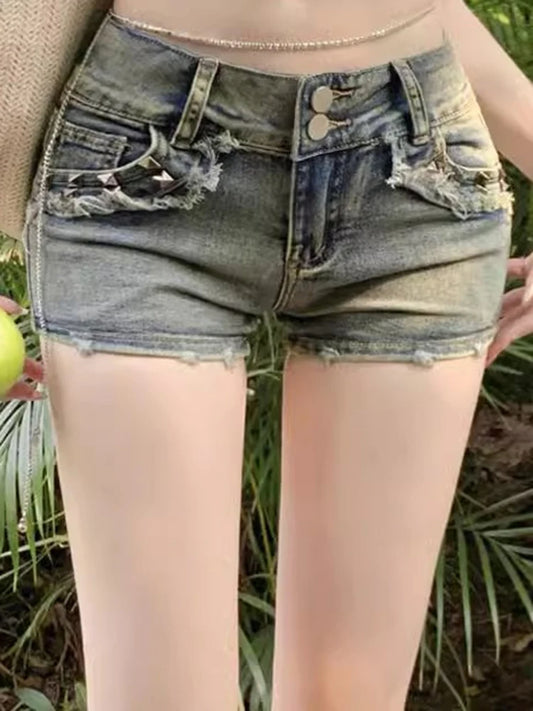 Women’s Korean Retro Y2K High-Waist Blue Hot Shorts Vintage Streetwear Elastic Hip Wrap Short Jeans