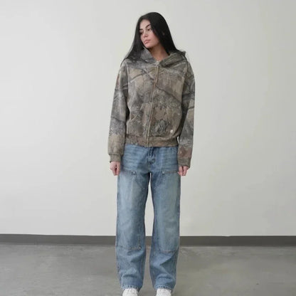 Y2K Camouflage Leaf Print Hoodie – Unisex Retro Streetwear Loose Fit Hip Hop Sweatshirt for Men & Women