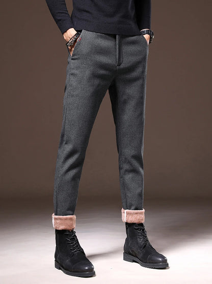 Men's Winter Fleece-Lined Slim Fit Pants – Thick Warm Straight-Leg Casual Business Trousers (Sizes 28-38)