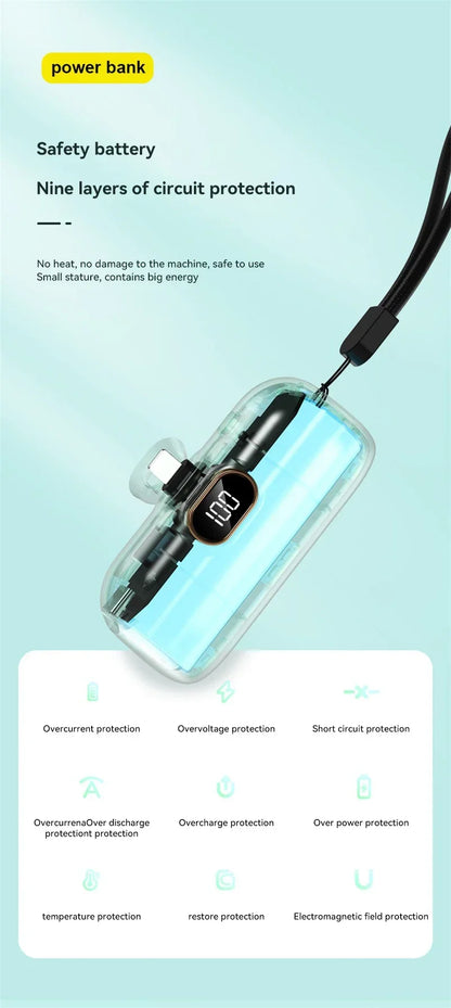 Mini 10000mAh Portable Power Bank with Built-in Cables – Compact External Battery Charger for iPhone & Type-C Devices