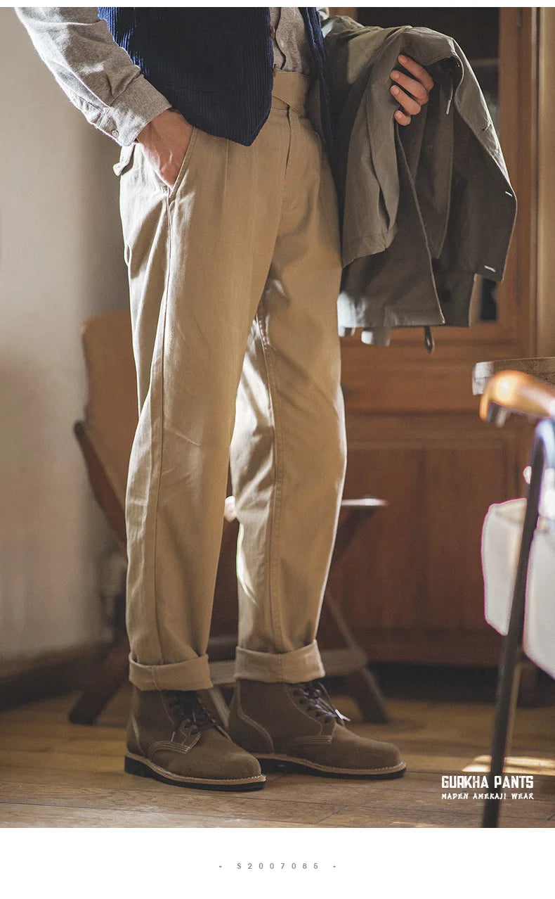 Classic Vintage Khaki Gurkha Pants for Men – Adjustable High Waist Casual Cargo Trousers for Spring and Fall