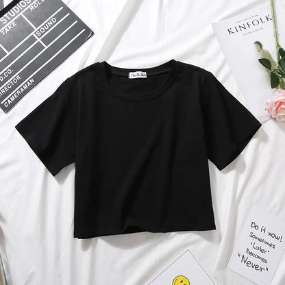 Women’s Summer Casual Cotton Short Sleeve Crop Top – Solid Color O-Neck Loose Fit T-ShirtT