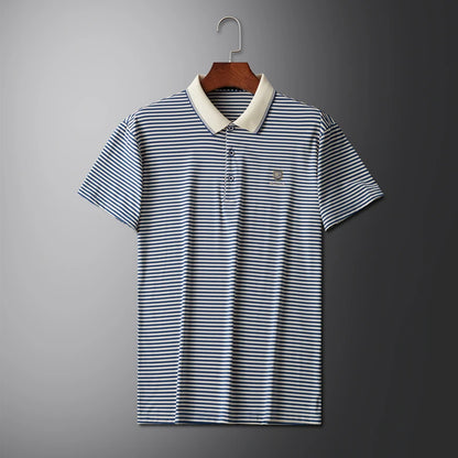 Premium Cotton Men's Summer Polo Shirt – 2024 Soft Short Sleeve Tee with Stripe Accents & Brand Badge Design