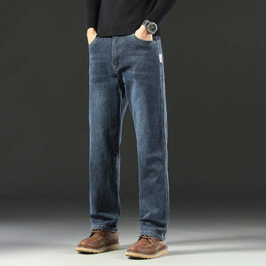 2025 Spring Men's High-Waist Spliced Washed Denim Jeans – Loose Straight Fit Stretch Cotton Blend Casual Brand Trousers &nbsp;