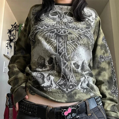 &nbsp; Women's Y2K Fairy Grunge Long Sleeve T-Shirt – Vintage Gothic Punk Graphic Tee for Casual Streetwear