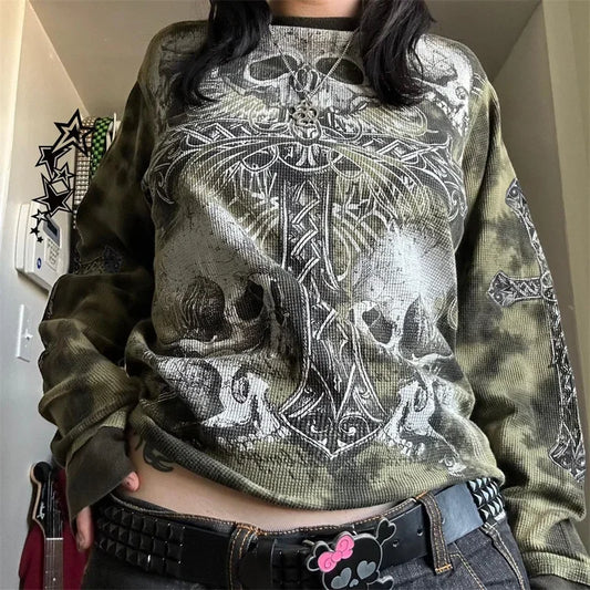 &nbsp; Women's Y2K Fairy Grunge Long Sleeve T-Shirt – Vintage Gothic Punk Graphic Tee for Casual Streetwear
