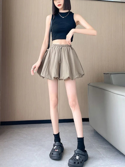 Women's High-Waist Lantern Shorts – Casual Summer Streetwear with Pockets, Relaxed Fit for Students, Youth, and Everyday Wear