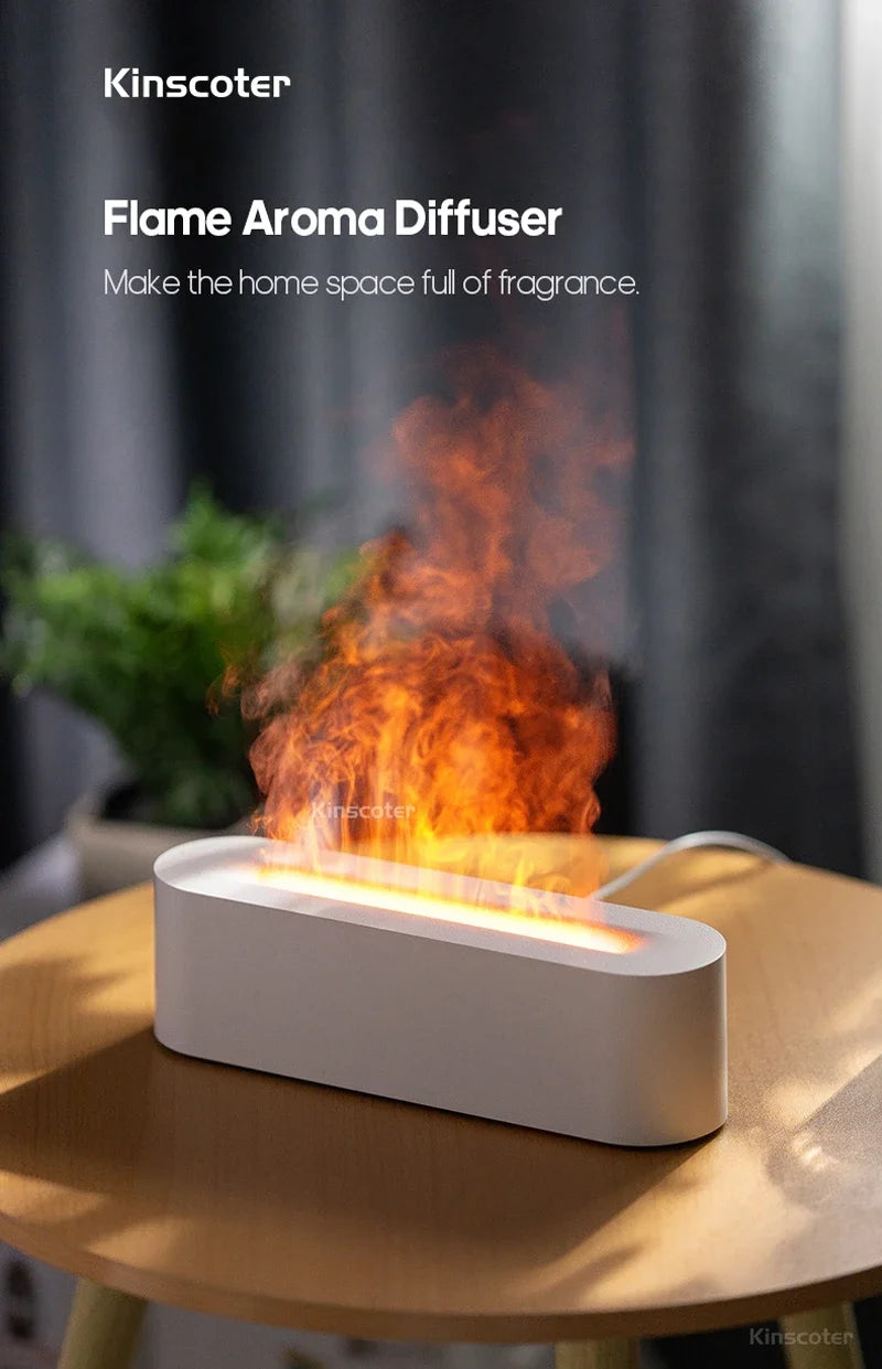 Ultrasonic Flame Effect Aroma Diffuser – Essential Oil Humidifier with RGB Fire Light &amp; Night Glow Mist