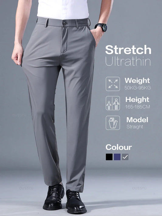 Men's Summer Classic Stretch Suit Trousers – Lightweight Business Casual Pants with Elastic Waist in Black, Gray, or Blue