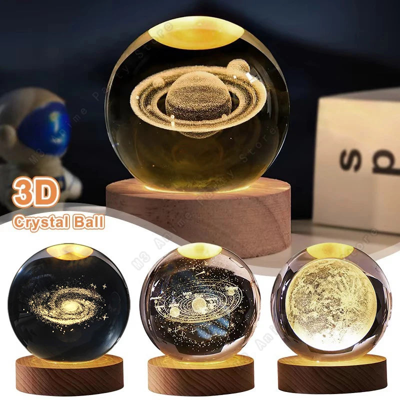 Unique 3D LED Crystal Ball Night Lamp – Glowing Galaxy, Saturn, Moon &amp; Planets Design – Bedside Table Light &amp; Birthday Gift for Kids (5cm)