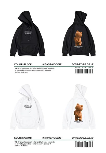 Men’s Autumn Kawaii Bear Graphic Pullover Hoodie – Hip Hop Streetwear with Pocket, Y2K Vintage Style