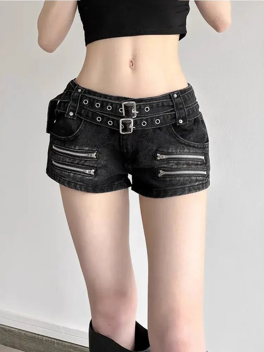 Women's Y2K Gothic Low-Rise Denim Mini Shorts – Retro 90s Punk Streetwear with Zipper Detail