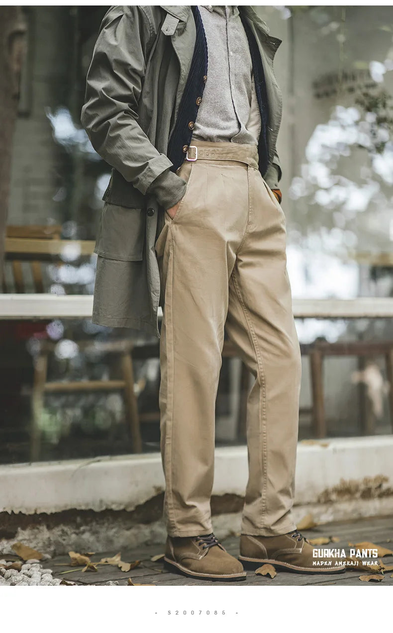 Classic Vintage Khaki Gurkha Pants for Men – Adjustable High Waist Casual Cargo Trousers for Spring and Fall