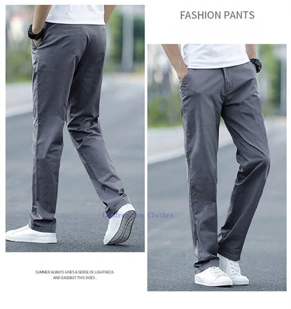 Men's Summer Lightweight Stretch Chino Pants – Loose Fit Cotton Trousers in Khaki, Blue, and Black – Plus Sizes 42 &amp; 44