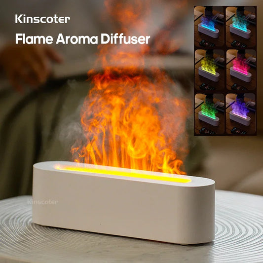 Ultrasonic Flame Effect Aroma Diffuser – Essential Oil Humidifier with RGB Fire Light &amp; Night Glow Mist