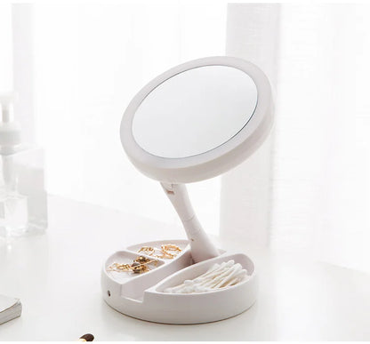 Dual-Powered LED Makeup Mirror – Portable Double-Sided Mirror with 10X Magnification, Battery/USB Operated