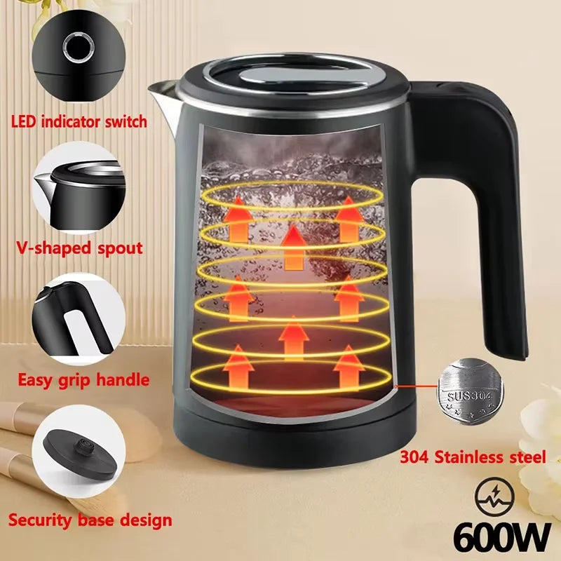 500ML Portable Electric Travel Kettle – Stainless Steel Water Boiler for Tea, Coffee, Hotel, Kitchen &amp; Family Use