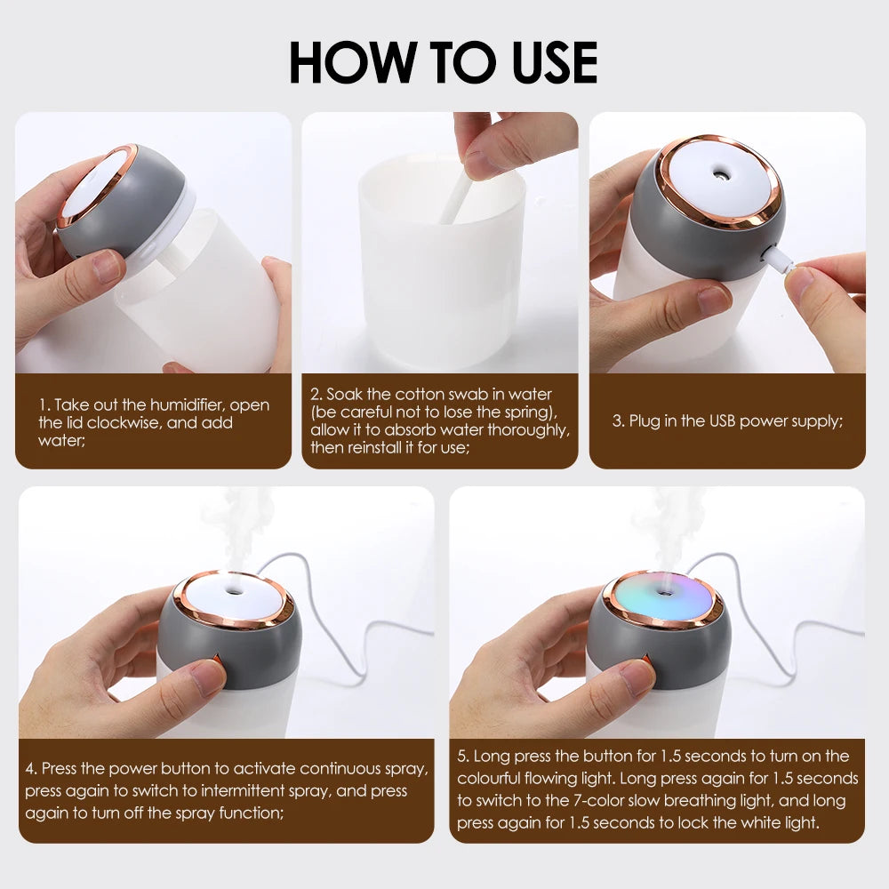Mini USB Portable Air Humidifier with Aroma Diffuser, LED Cool Light, 330ml Mist Purifier for Room, Home, Car, and Plants
