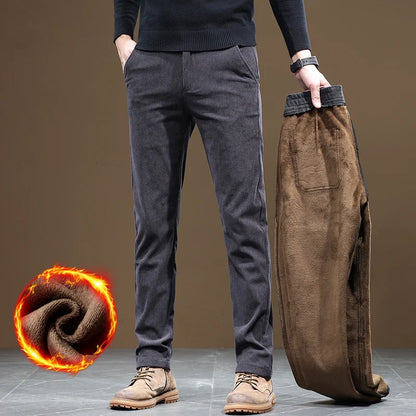 2024 New Men’s Winter Fleece-Lined Corduroy Pants – Slim Fit, Stretchy, Thickened Casual & Business Trousers in Gray & Khaki