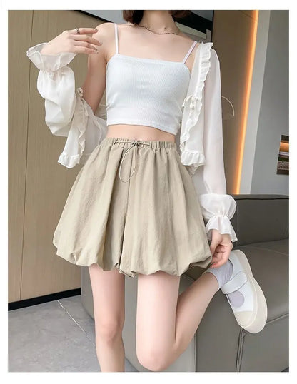Women's High-Waist Lantern Shorts – Casual Summer Streetwear with Pockets, Relaxed Fit for Students, Youth, and Everyday Wear