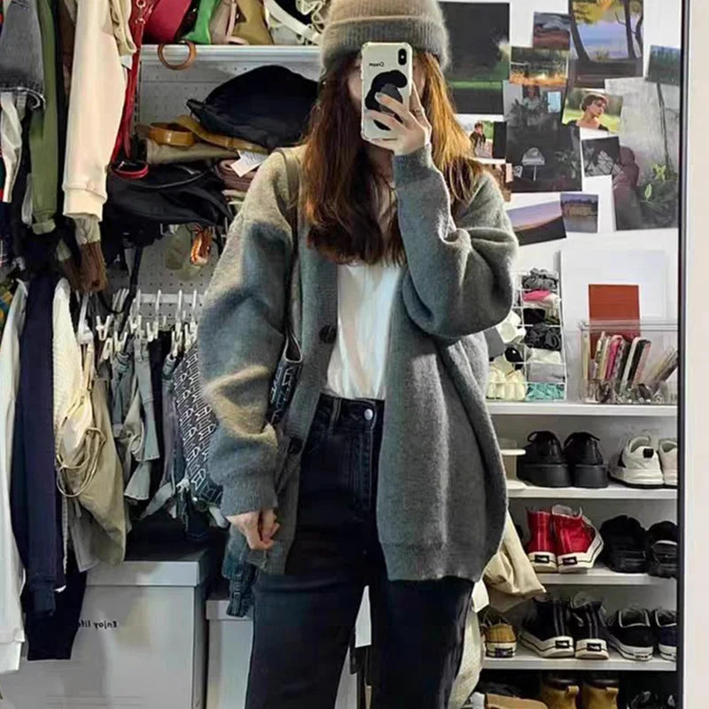 Casual Gray Mid-Length Knit Cardigan for Women with Pockets – Korean Style Open Front Sweater Coat for Autumn
