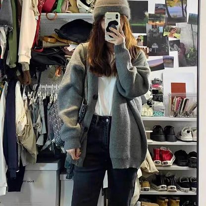 Casual Gray Mid-Length Knit Cardigan for Women with Pockets – Korean Style Open Front Sweater Coat for Autumn