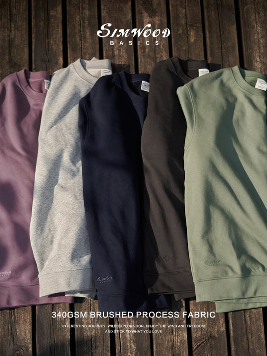 SIMWOOD 2025 Oversized 340gsm Brushed Fleece Sweatshirt – Embroidered Heavy-weight Pullover for Men
