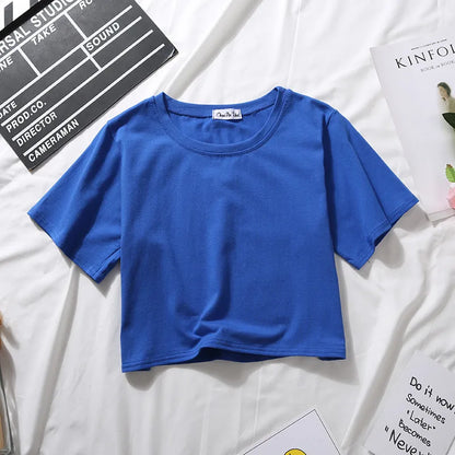 Women’s Summer Casual Cotton Short Sleeve Crop Top – Solid Color O-Neck Loose Fit T-ShirtT