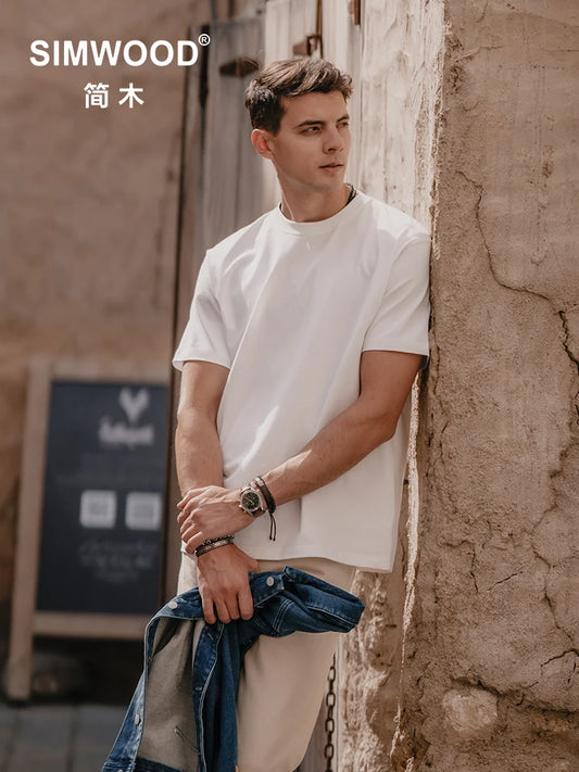 SIMWOOD 2025 Men’s Oversized 100% Cotton T-Shirt – Breathable &amp; Comfortable Spring/Summer Top, 310gsm