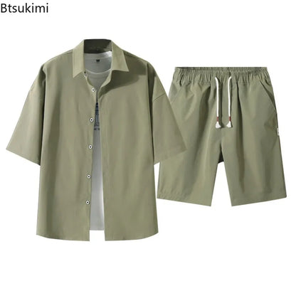 2025 Trendy Korean-Style Men's Summer Outfit – Casual Two-Piece Set Featuring Short Sleeve Shirt &amp; Matching Shorts, Stylish High Street Look for Daily &amp; Streetwear Fashion