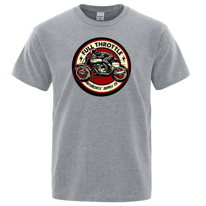 Full Throttle Motorcycle Graphic T-Shirt – Rockabilly Biker Style Cotton Tee for Men, Casual Loose Fit Summer Top