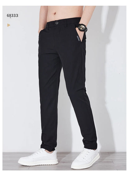 Men's Summer Silk-Feel Stretch Trousers – Lightweight Classic Business Casual Pants with Elastic Waist – Korean Style Smooth Suit Pants in Black or Gray