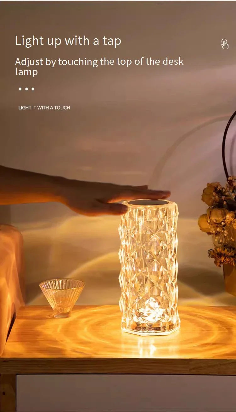 Rechargeable Crystal Rose Night Lamp – Acrylic Bedside Light with Touch Control for Romantic &amp; Ambient Home Decor