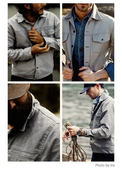 Maden Men's Vintage Grey Canvas Oil-Waxed Waterproof Hunting Jacket with Double Pleats and Patch Pockets for Autumn