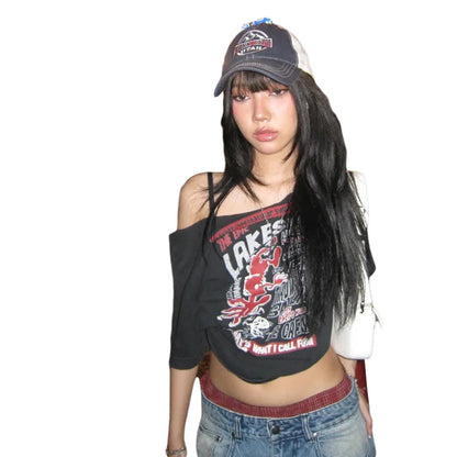 Y2K Gothic Off-Shoulder Crop Top – Women's Punk Style Letter Print T-Shirt, Harajuku Aesthetic Grunge Streetwear for Summer